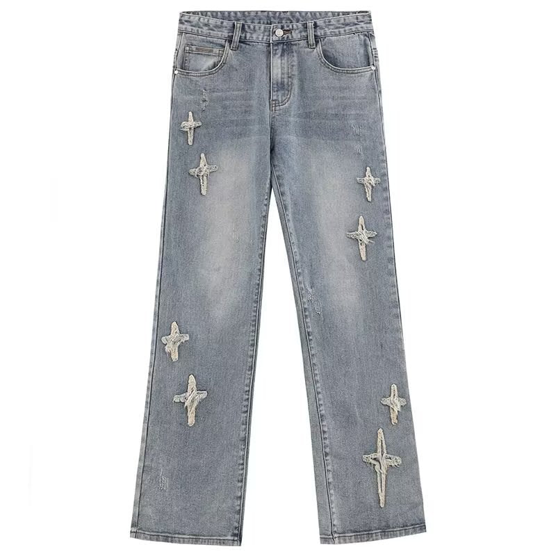 Patch Cross Star Washed American High Street Jeans Men's Loose Straight Embroidered Pants Men