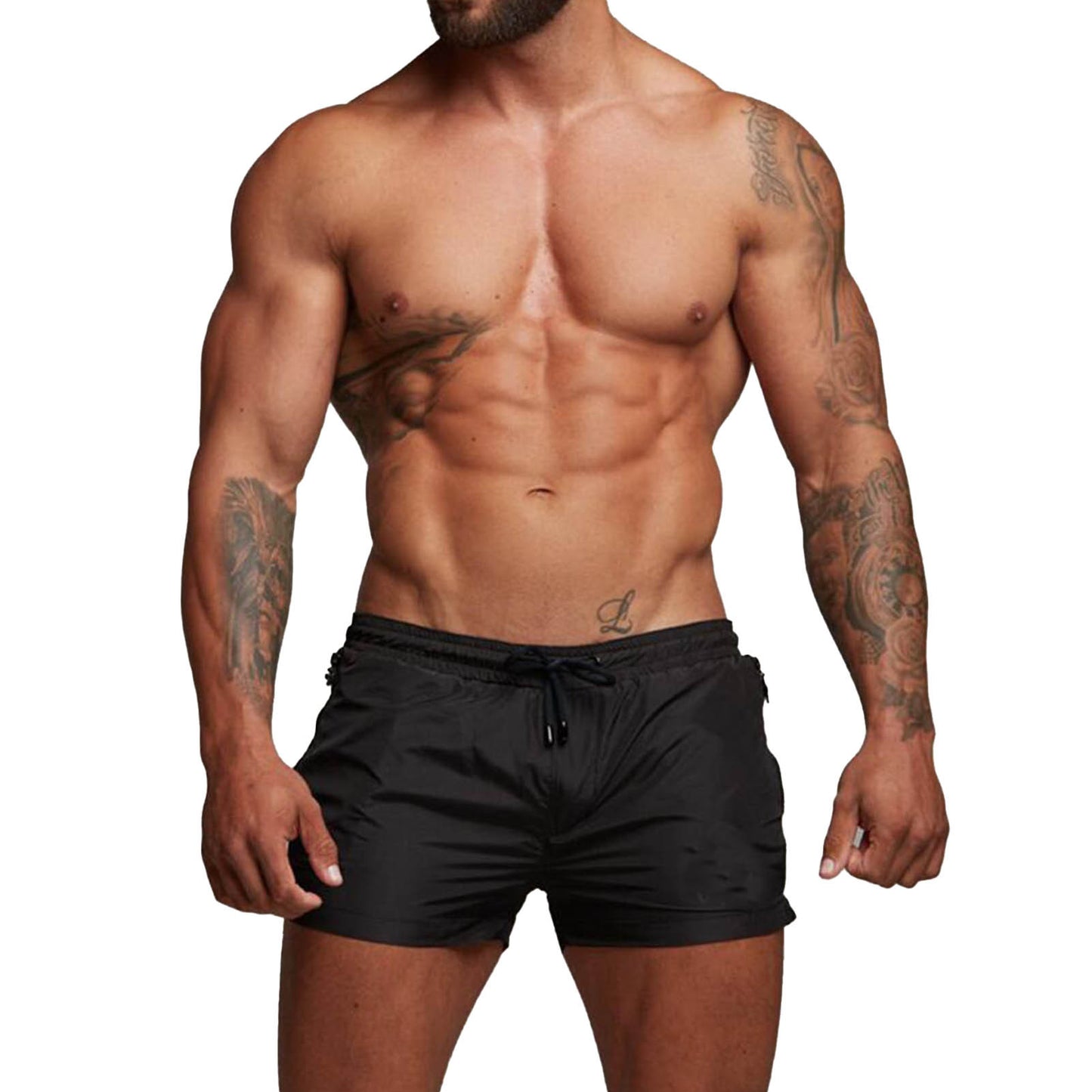 Men Gym Shorts Sweat Absorbing Breathable Quick Dry Workout Shorts with Side Pockets for Running Weightlifting Beach Black M