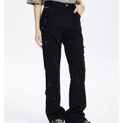 Patch Cross Star Washed American High Street Jeans Men's Loose Straight Embroidered Pants Men