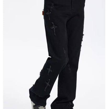 Patch Cross Star Washed American High Street Jeans Men's Loose Straight Embroidered Pants Men