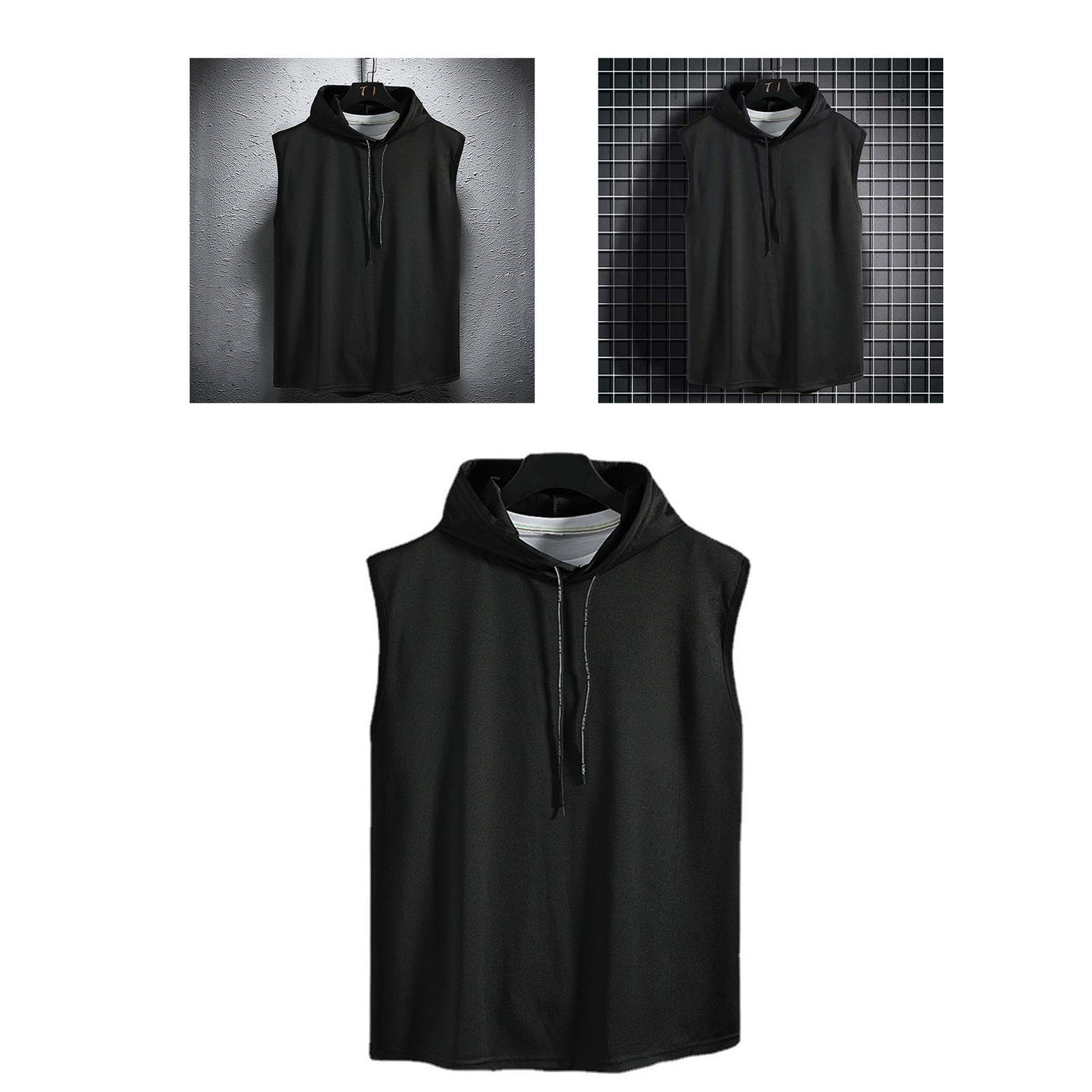 Men Sleeveless Hoodie Gym Sweatshirt Vest Top Skin Friendly Polyester Solid Color Black XL