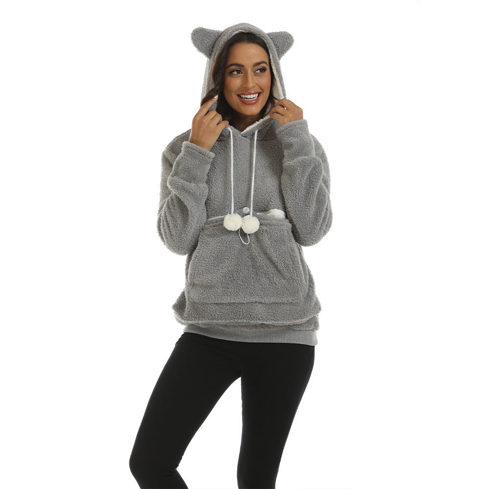 Large Pocket Solid Color Hooded Sweater