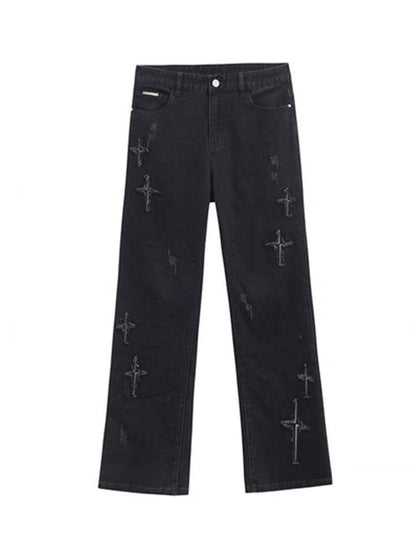 Patch Cross Star Washed American High Street Jeans Men's Loose Straight Embroidered Pants Men