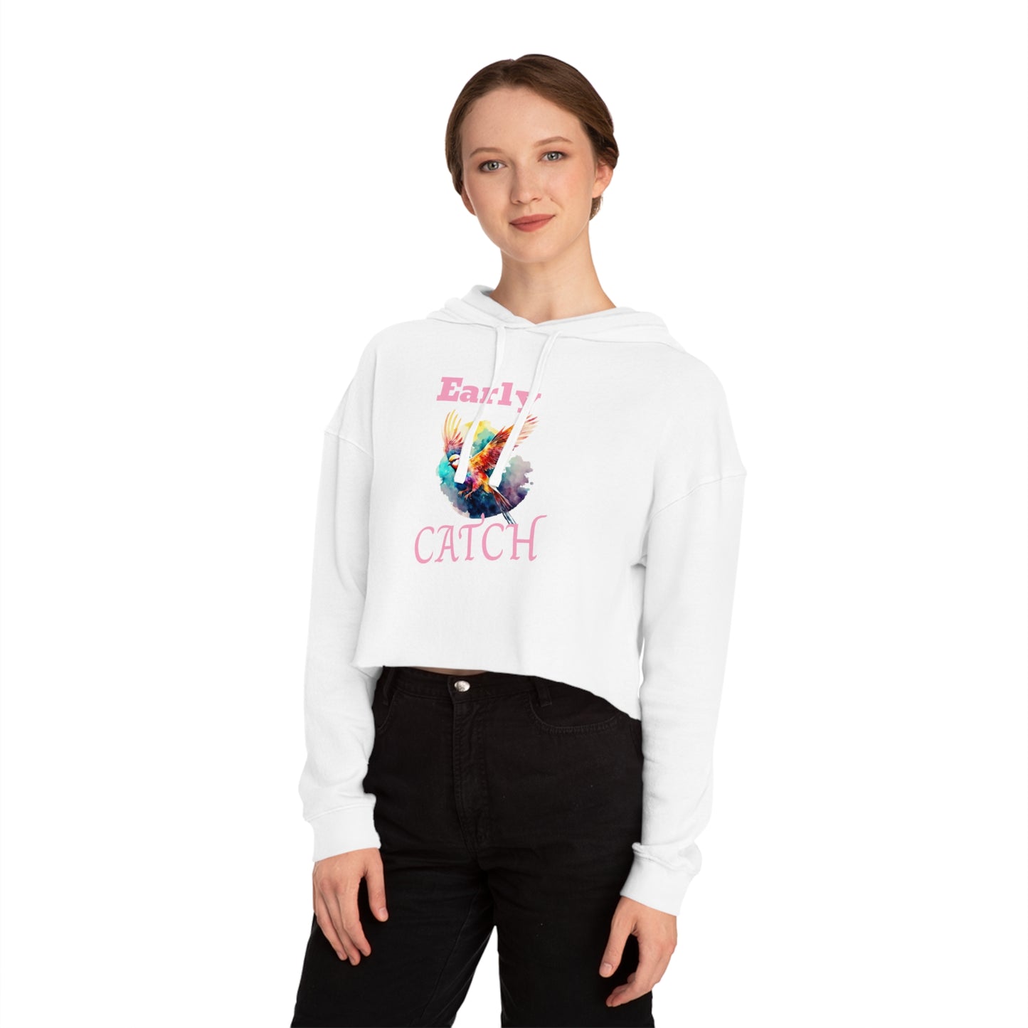 Bird Printed Women's Cropped Hoodie Sweatshirt, Nature Graphic Sweater, Avian Pullover Jumper, Animal Lover Gift, Cozy Bird Hooded Top