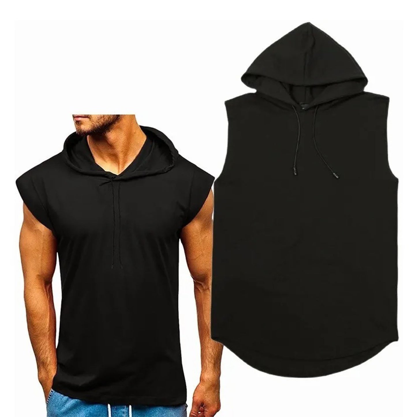 Men Sleeveless Hoodie Gym Sweatshirt Vest Top Skin Friendly Polyester Solid Color Black XL