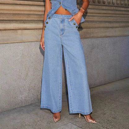 Fashion Sleeveless Denim Suit Wide Leg Pants